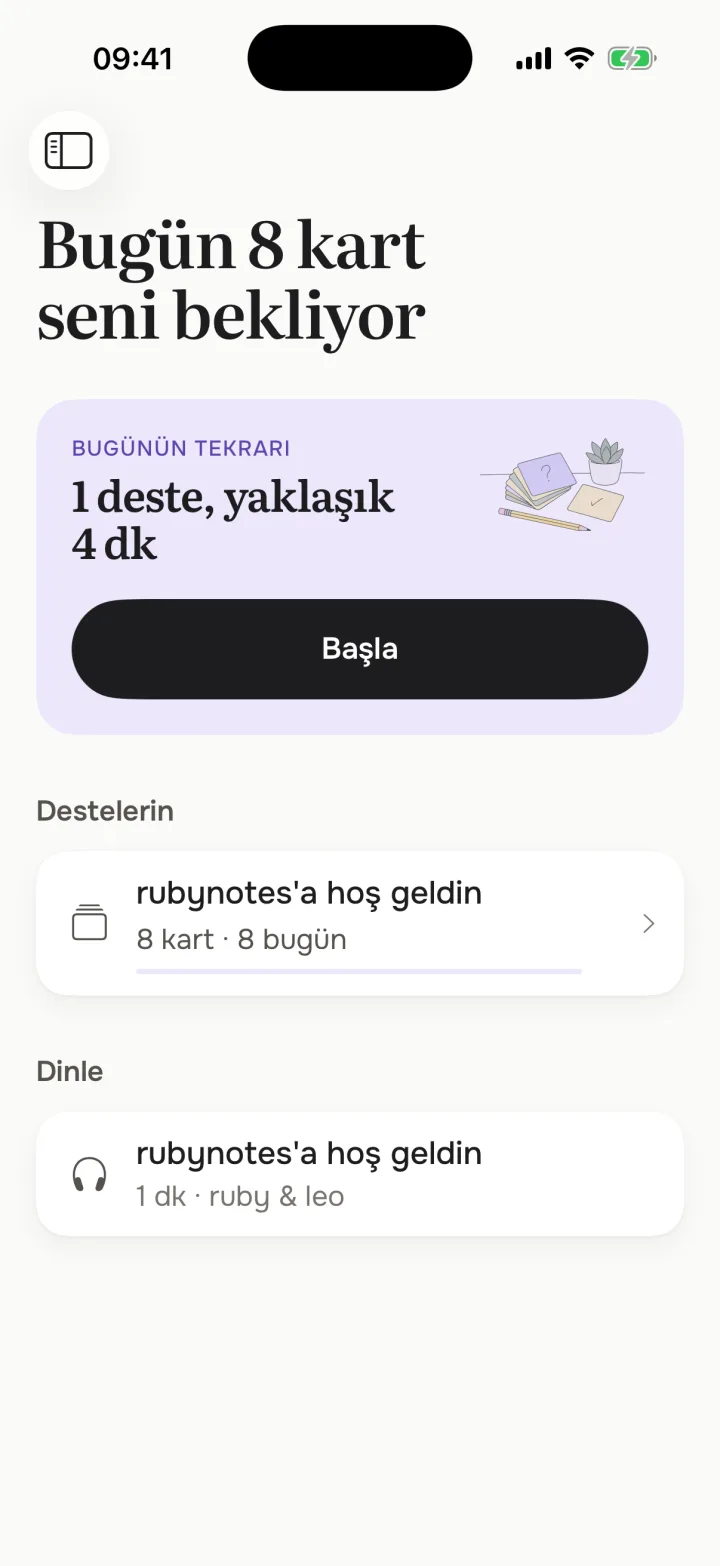 Çalış: bugün tekrar edilecek sekiz kart, yaklaşık dört dakika.