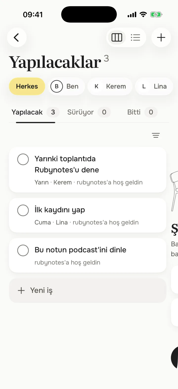 Yapılacaklar panosu: tarihi, sahibi ve geldiği not belli üç açık iş.
